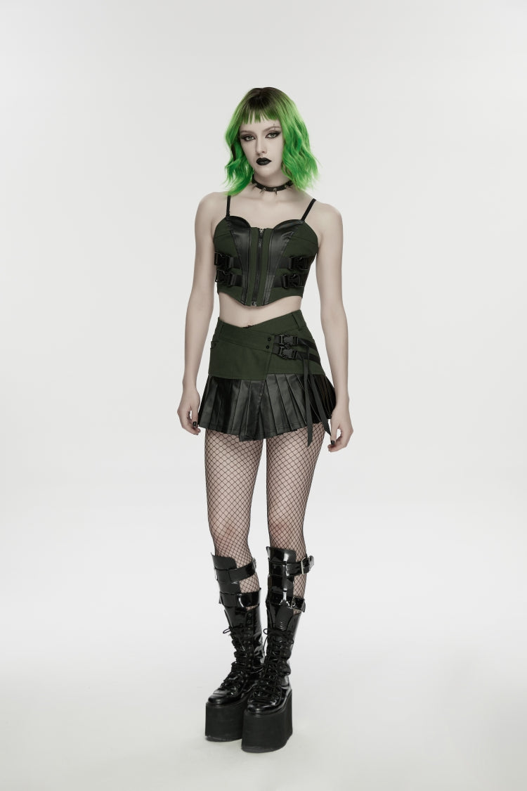 Black/Green Spliced Lace Lace-Up Slim Color-Blocked Zippered Women's Punk Cool Corset - Product - 6