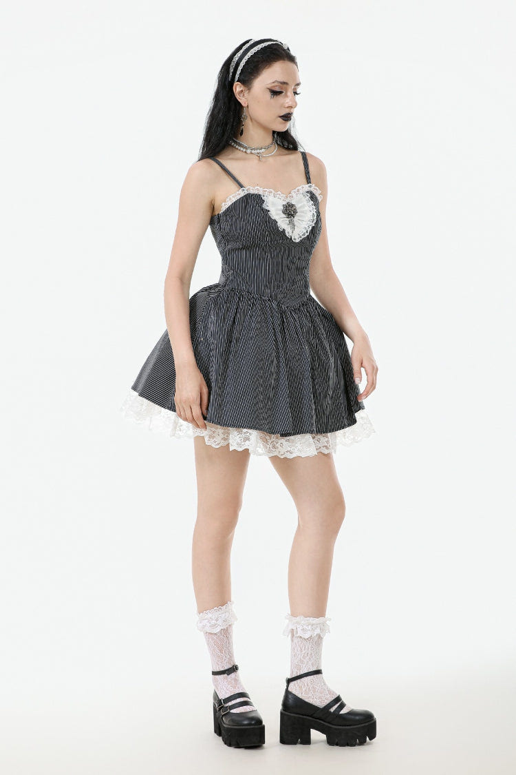 Black/White Pinstriped Sleeveless Lace Lace-Up Women's Gothic Lolita Slip Dress Graduation Dress - Product - 7