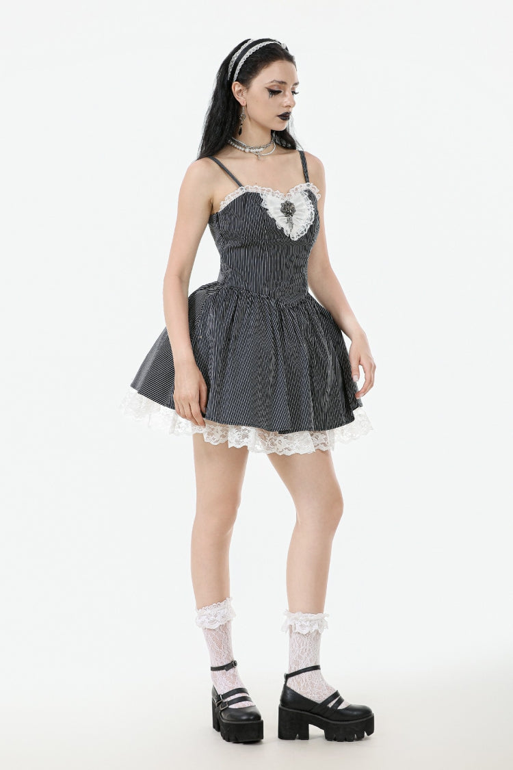 Black/White Pinstriped Sleeveless Lace Lace-Up Women's Gothic Lolita Slip Dress Graduation Dress - Product - 7