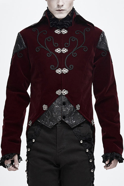 Red Vintage Embroidered Fake Two Pieces Gothic Mens Coat - Red - 1