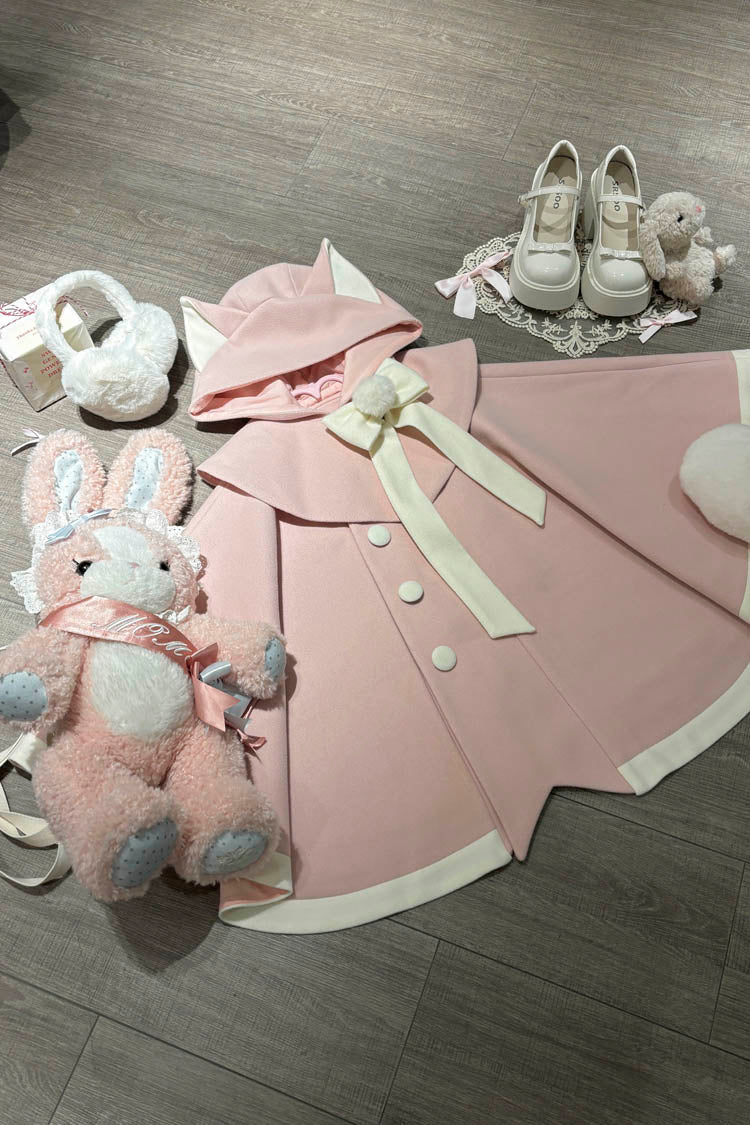 Black/Pink Bat Bowknot Cloak Wool Sweet Lolita Coat - Product - 6