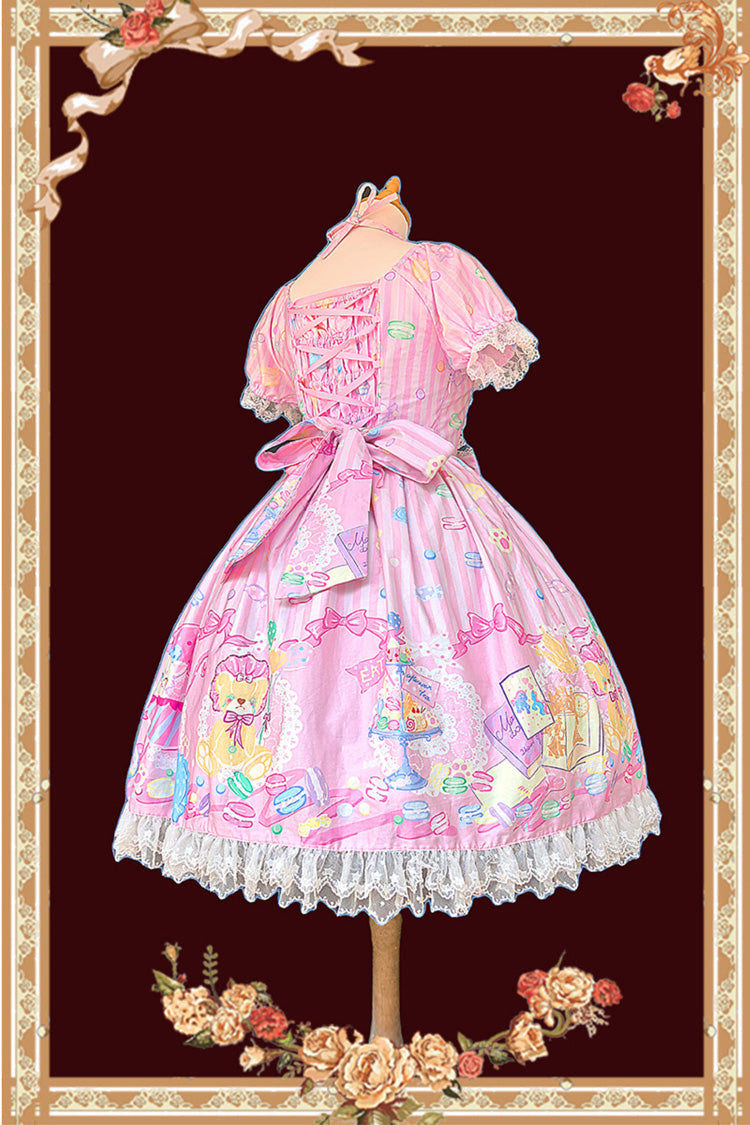 Pink [Macarons Dolly House] Square Collar Short Lantern Sleeves Printed Bow Sweet Lolita Dress - Product - 8