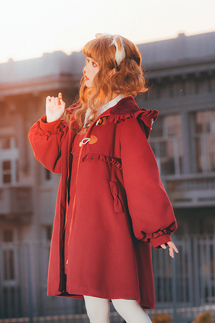 Red Cat Tail Long Sleeves Ruffle Bowknot Hooded Sweet Lolita Coat - Product - 7