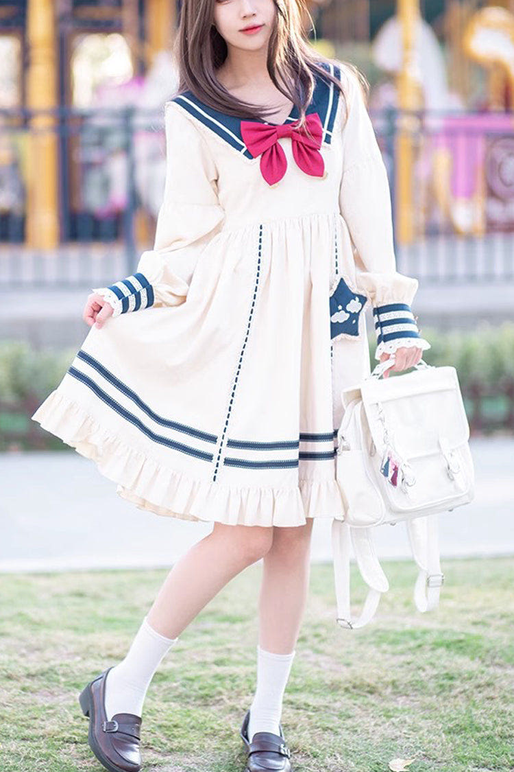 College Navy Style Bowknot Ruffle Long Sleeves Sweet Lolita Dress - Ivory - 1
