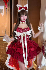 Red [Holiday Lovers] Sleeveless Triple-Layered Ruffle Hollow Bowknot Lace-Up Princess Ballet Sweet Lolita Dress - Product - 11