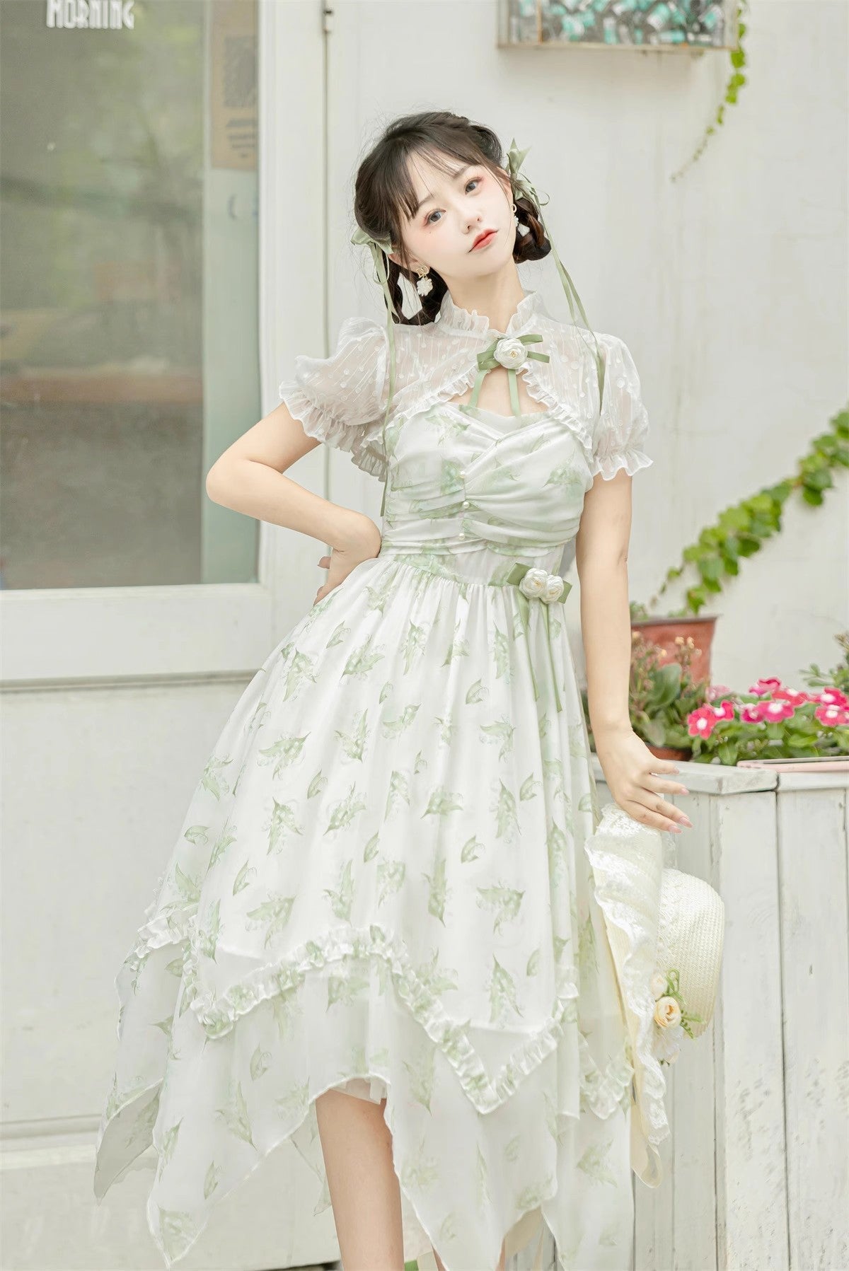 Lily of the Valley Spring Short Sleeves Jacquard Print Bowknot Irregular Sweet Lolita Jsk Dress - Product - 2
