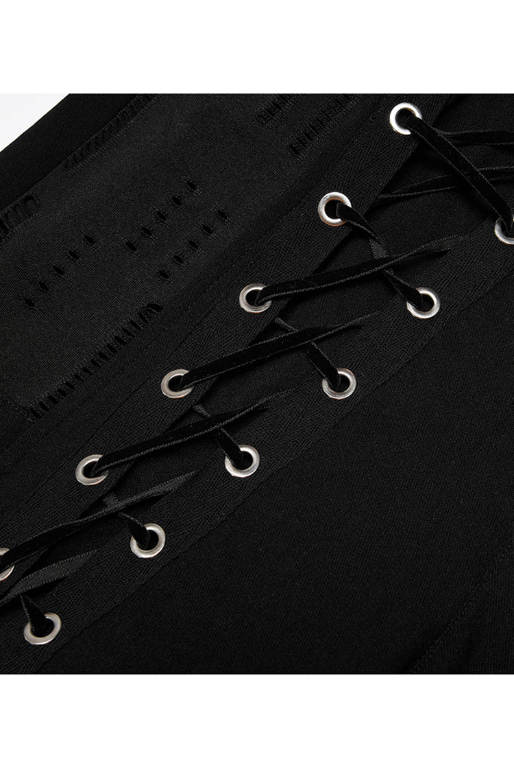 Black Elasticity Knitting Holes Design Cross Tied Rope Decoration Sexy Tight Women's Plus Size Punk Trousers - Product - 8