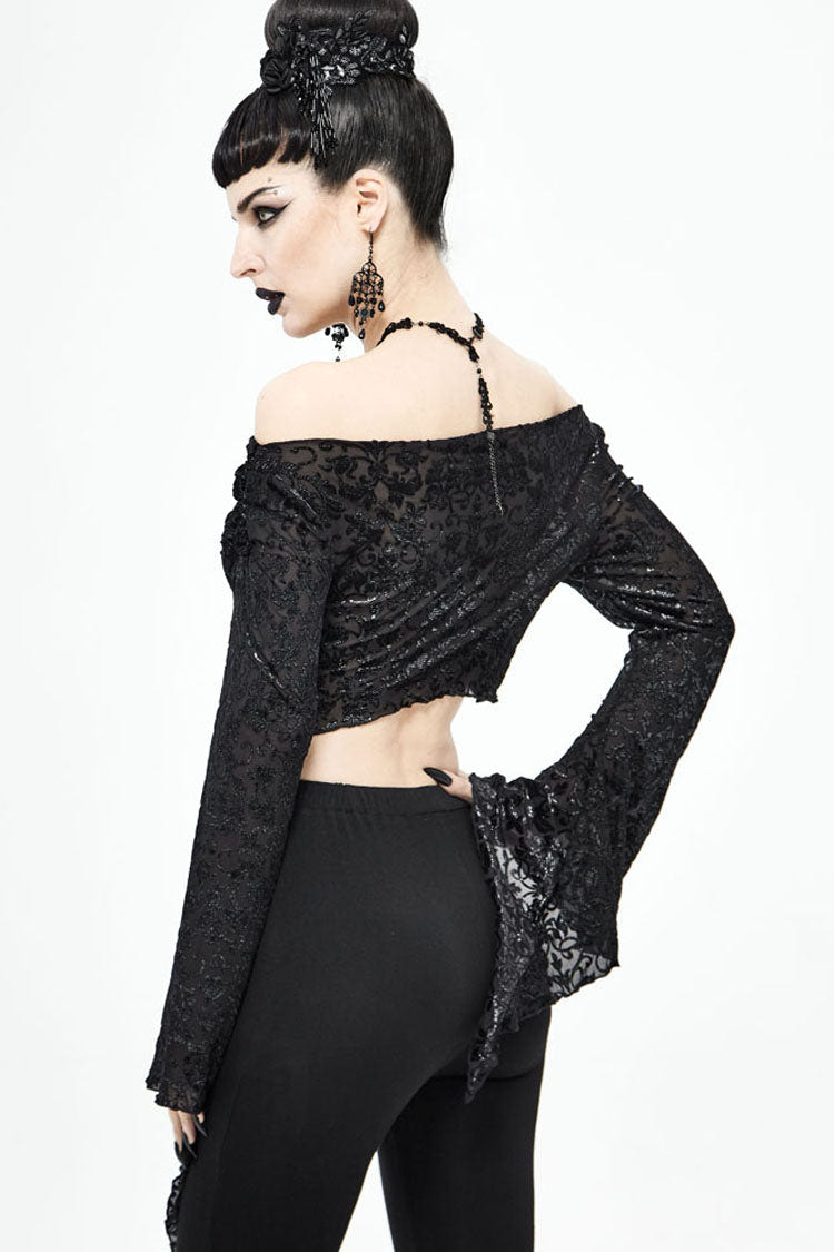 Black Long Sleeve Burnt Velvet Off-Shoulder Women's Punk Shirt - Product - 4