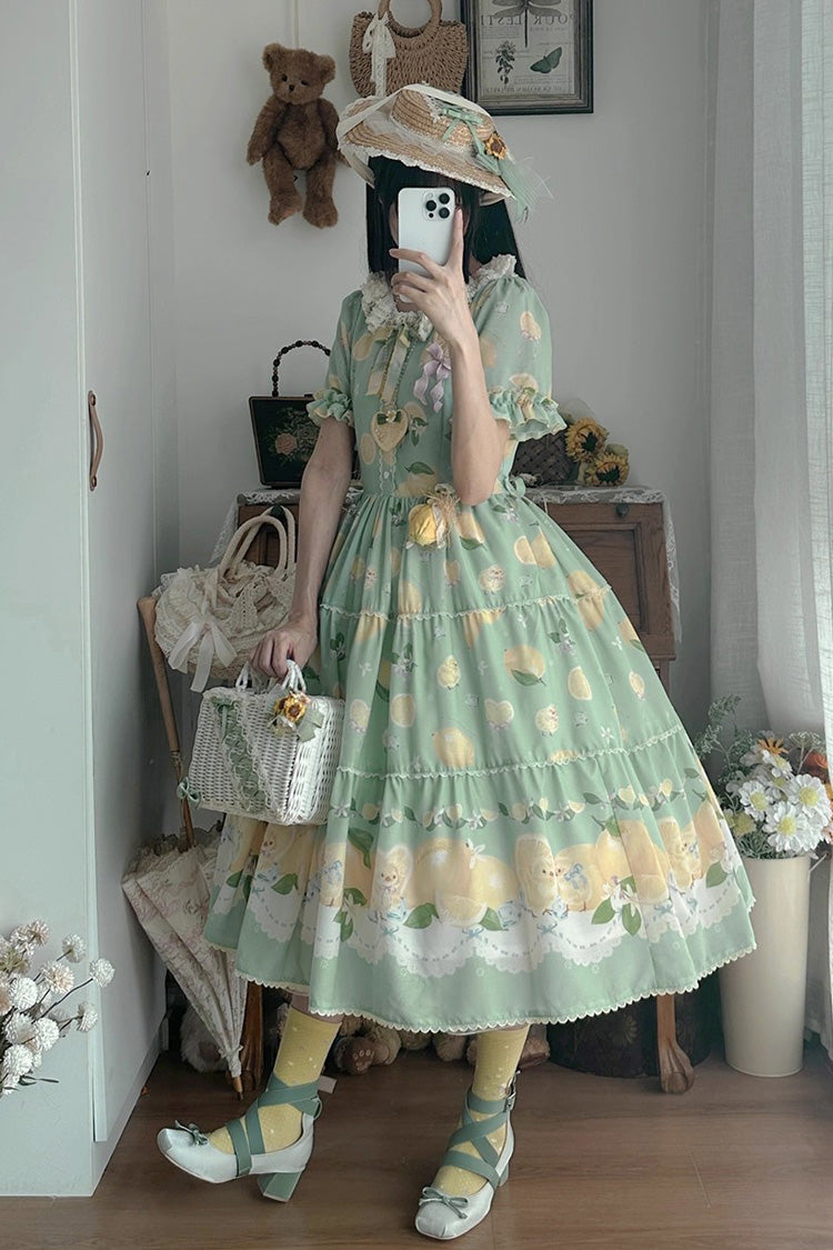Green [Lemon Chicken] Short Sleeves Print Ruffle Bowknot Lace Daily Sweet Lolita Dress - Product - 7
