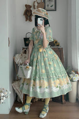Green [Lemon Chicken] Short Sleeves Print Ruffle Bowknot Lace Daily Sweet Lolita Dress - Product - 7