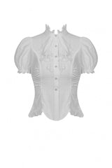 White Short Puff Sleeves Ruffled Neckline Lace Lace-Up Women's Gothic Blouse - Product - 3