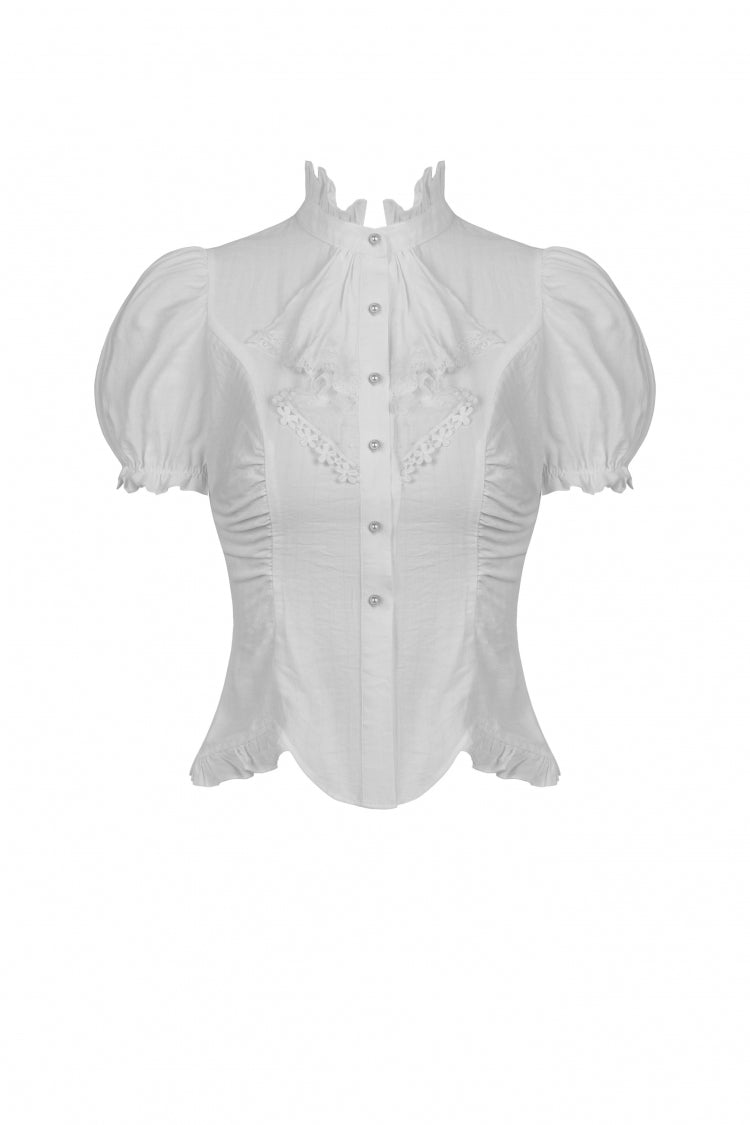 White Short Puff Sleeves Ruffled Neckline Lace Lace-Up Women's Gothic Blouse - Product - 3