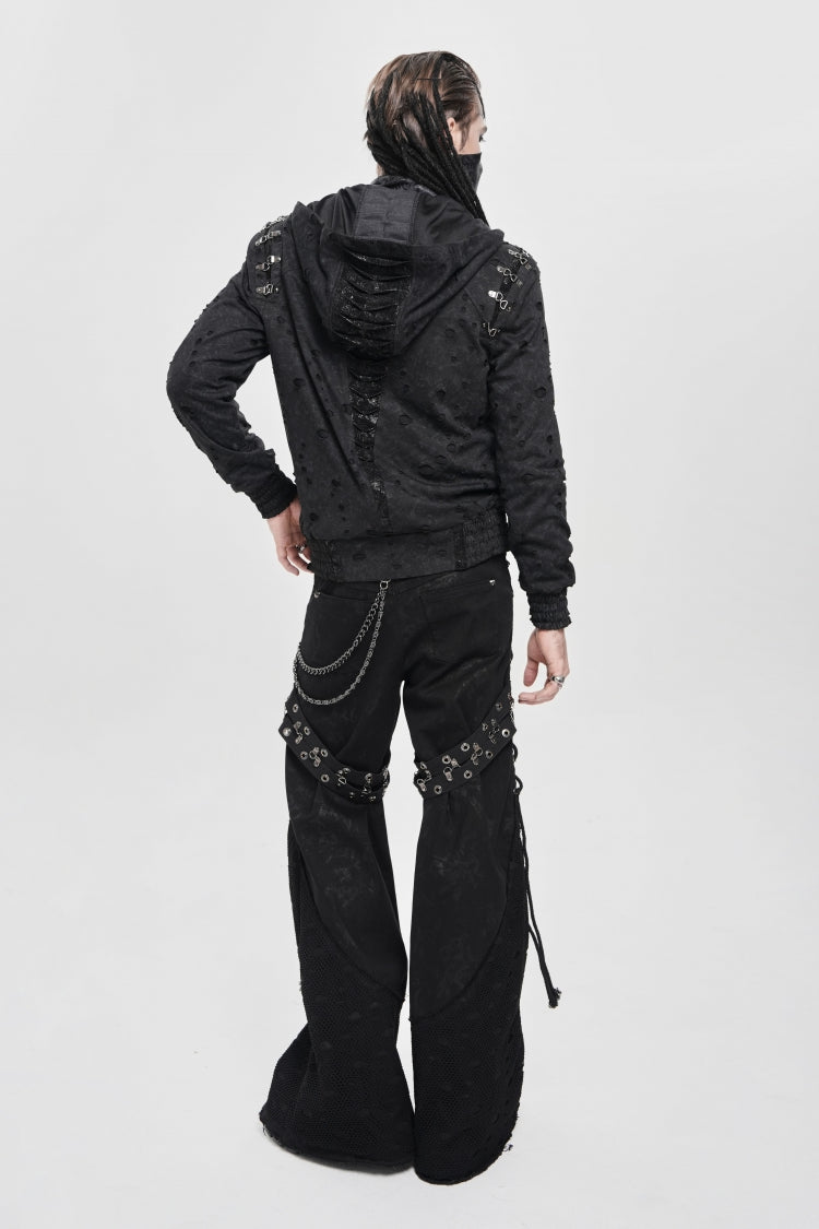 Black Long Sleeves Hexagram Print Hooded Ripped Pleated Men's Punk Coat - Product - 14