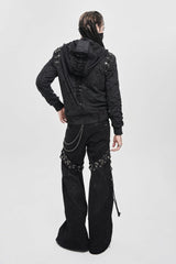 Black Long Sleeves Hexagram Print Hooded Ripped Pleated Men's Punk Coat - Product - 14