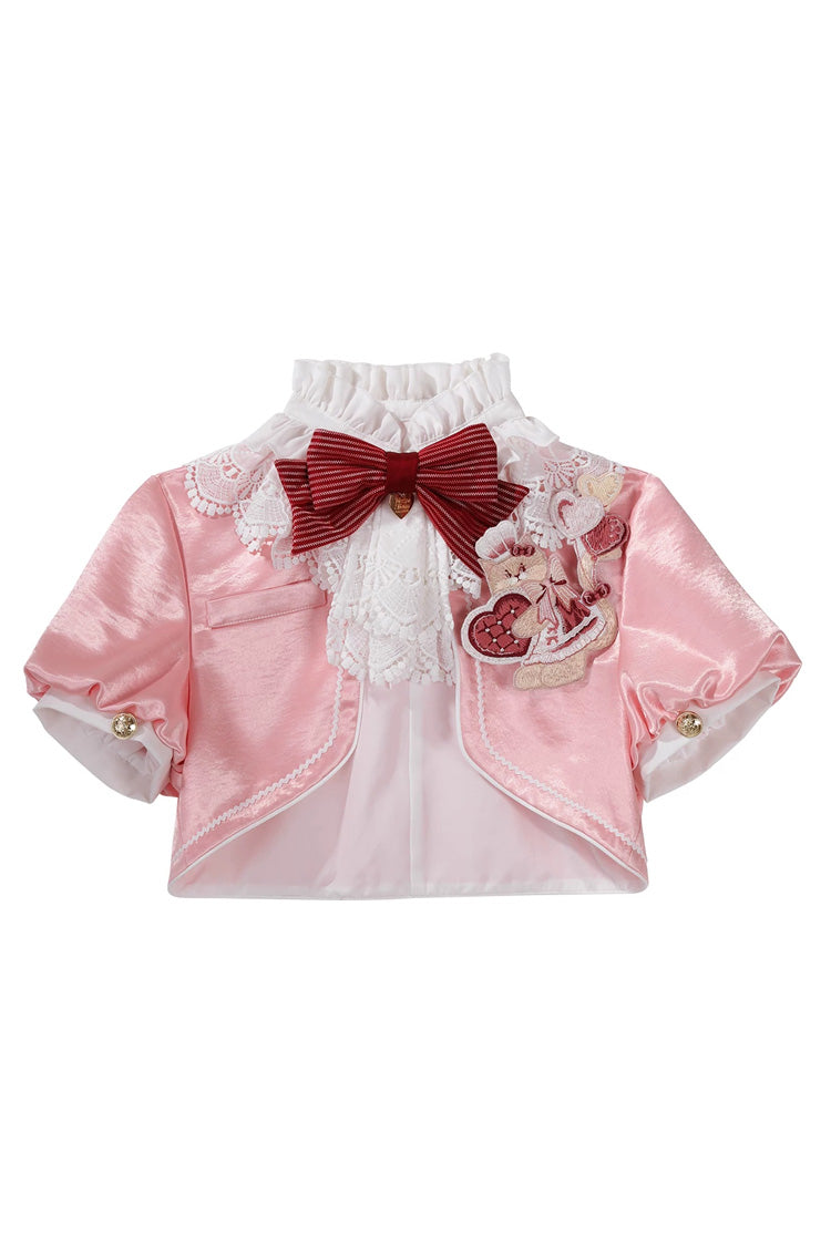 Pink/Red [Strawberry Doll Fantasy] Stand Collar Short Sleeves Jacquard Printed Bow Sweet Lolita Dress Set - Coat(Only) - 7