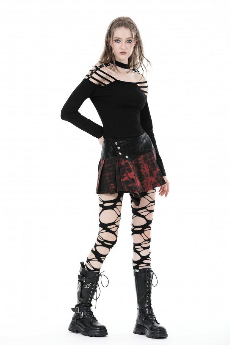 Black Off Shoulder Long Sleeves Cut-Out Buckled Women's Punk Blouse - Product - 13