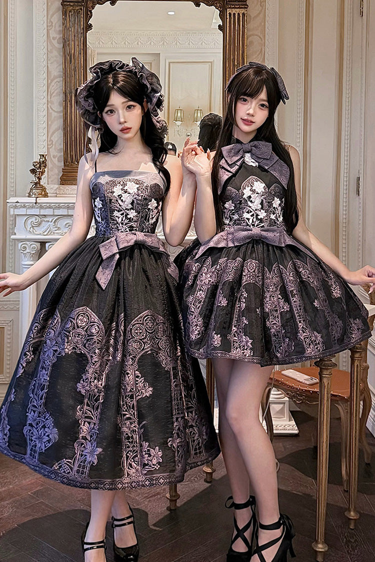 [Stained Glass Dream] Square Collar Sleeveless Printed Embroidered Bow Gothic Lolita Jsk Dress 2 Colors(Black/Purple, White/Purple) - Black/Purple - 1