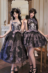 [Stained Glass Dream] Square Collar Sleeveless Printed Embroidered Bow Gothic Lolita Jsk Dress 2 Colors(Black/Purple, White/Purple) - Black/Purple - 1