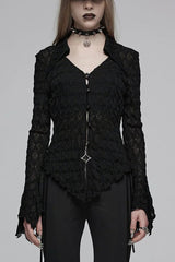 Black Diamond Pattern Round Collar Irregular Drawstring Women's Gothic Shirt - Black - 1