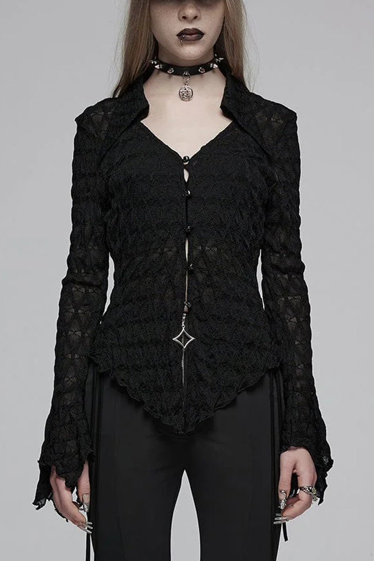 Black Diamond Pattern Round Collar Irregular Drawstring Women's Gothic Shirt - Black - 1