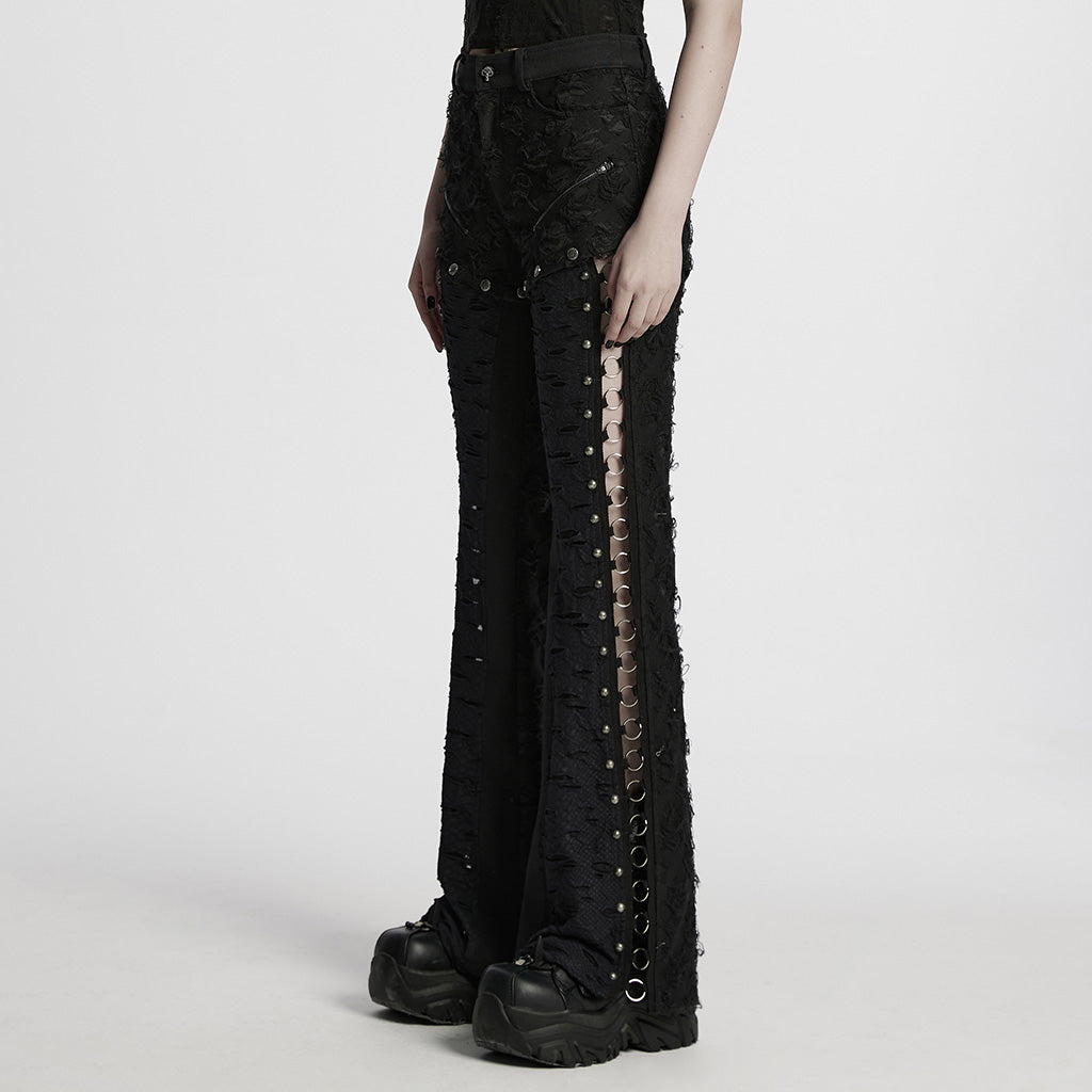 Black Stitching Ripped Metal Ring Women's Punk Split Detachable Pants - Product - 2
