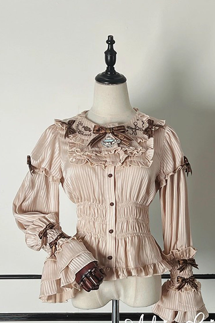 [Teddy Bear Chocolate] Round Collar Long Trumpet Sleeves Ruffle Bowknot Sweet Lolita Blouse 3 Colors - Milk Tea - 2