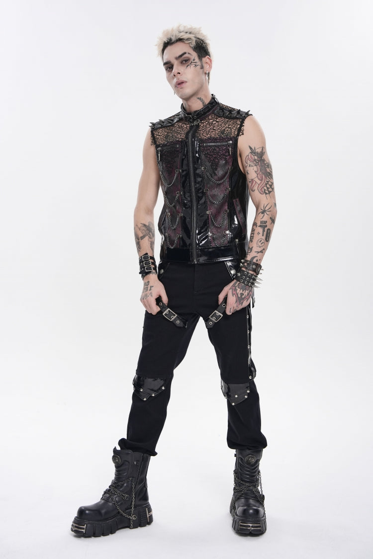 Black Stand Collar Sleeveless Spliced Mesh Studded Zippered Chain-Decorated Eyelet Men's Punk Vest - Product - 7