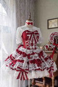Red Small Cakes Sleeveless Multi-Layered Ruffle Bowknot Lace Sweet (Dress Only) front view