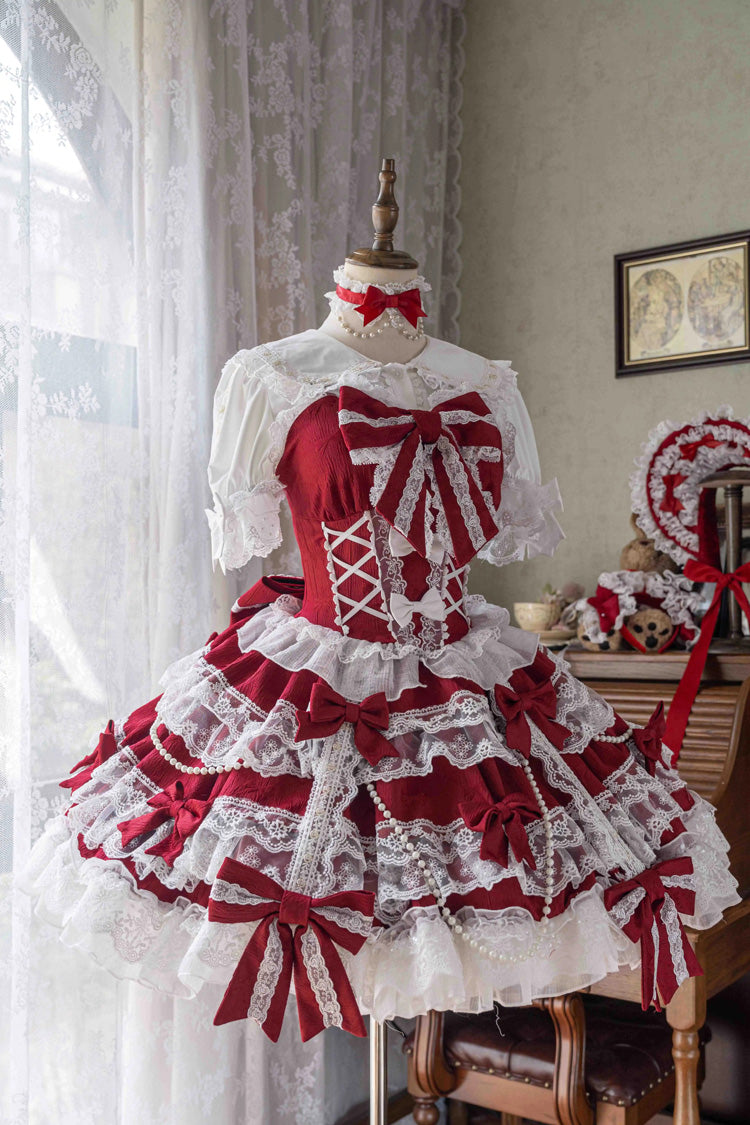 Red [Small Cakes] Sleeveless Multi-Layered Ruffle Bowknot Lace Sweet Lolita Jsk Dress - Red - 1