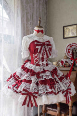 Red [Small Cakes] Sleeveless Multi-Layered Ruffle Bowknot Lace Sweet Lolita Jsk Dress - Red - 1