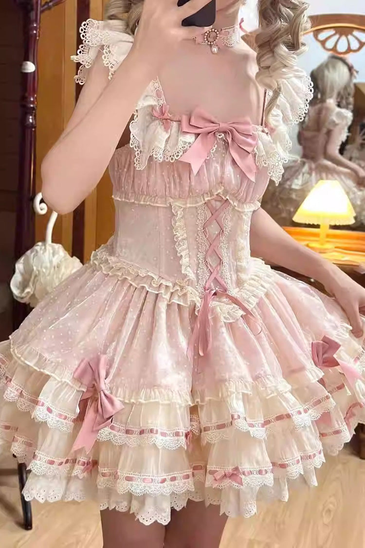 Pink Triple-Layered Bowknot Lace-Up Sweet Princess Ballet Lolita Jsk Dress - Product - 4