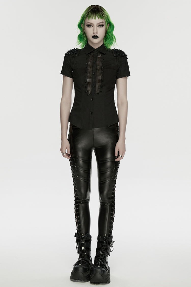 Black Lapel Collar Short Sleeves Mesh Studded Tassels  Women's Punk Blouse - Product - 4