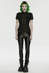 Black Lapel Collar Short Sleeves Mesh Studded Tassels  Women's Punk Blouse - Product - 4
