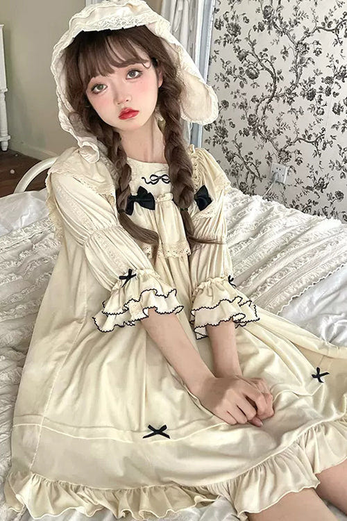 Beige Ruffled Square Collar Trumpet Sleeves Pillowside Fairy Tale Sweet Lolita Dress - Product - 2
