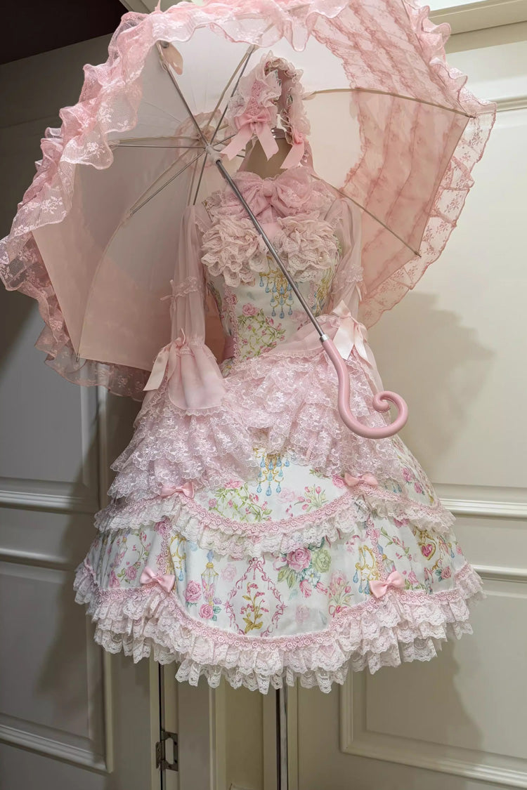 White/Pink Sleeveless Flower Wall Print Ruffle Bowknot Lace Sweet Lolita Jsk Dress - Product - 4