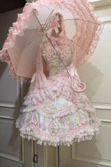 White/Pink Sleeveless Flower Wall Print Ruffle Bowknot Lace Sweet Lolita Jsk Dress - Product - 4