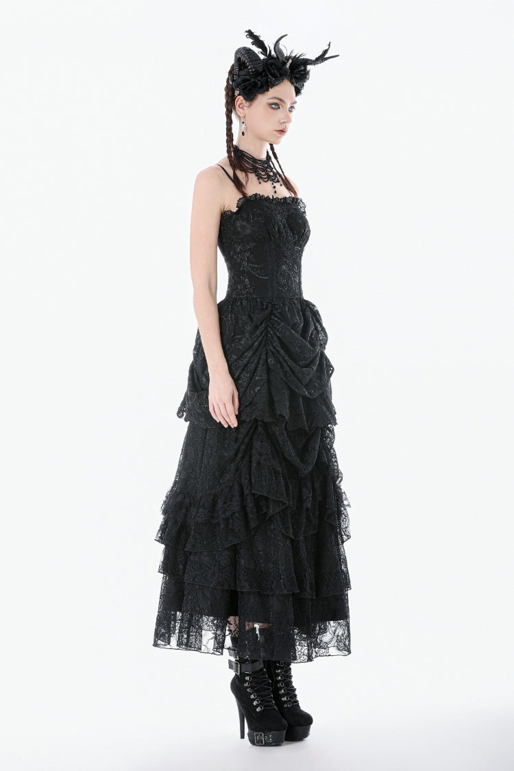 Black Sleeveless Multi-Layered Embroidered Women's Gothic Peplum Court Slip Dress - Product - 2