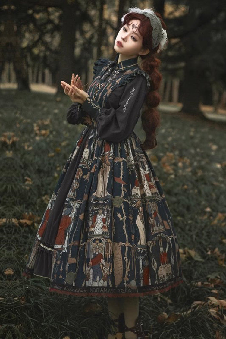 Dark Blue [Tarot] Print Ruffle Bowknot Sweet Elegant Lolita Strap Dress - Dark-Blue - 1