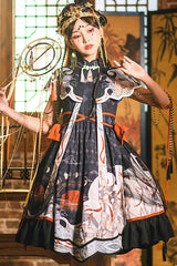 Black Chinese Style Chang'e Flying To The Moon Print Ruffled Classic Lolita OP Dress - Product - 2