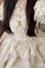 White Sleeveless Multi-layer Ruffle Bowknot Sweet Lolita Jsk Dress - Apricot - 4