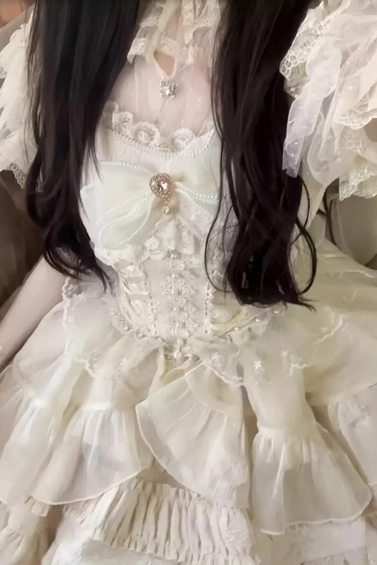 White Sleeveless Multi-layer Ruffle Bowknot Sweet Lolita Jsk Dress - Apricot - 4