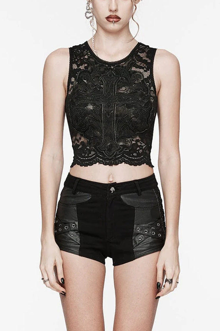 Black Sleeveless Hollow Cross Embroidery Lace Womens Gothic Vest - Black - 1