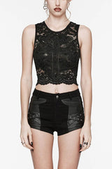 Black Sleeveless Hollow Cross Embroidery Lace Womens Gothic Vest - Black - 1