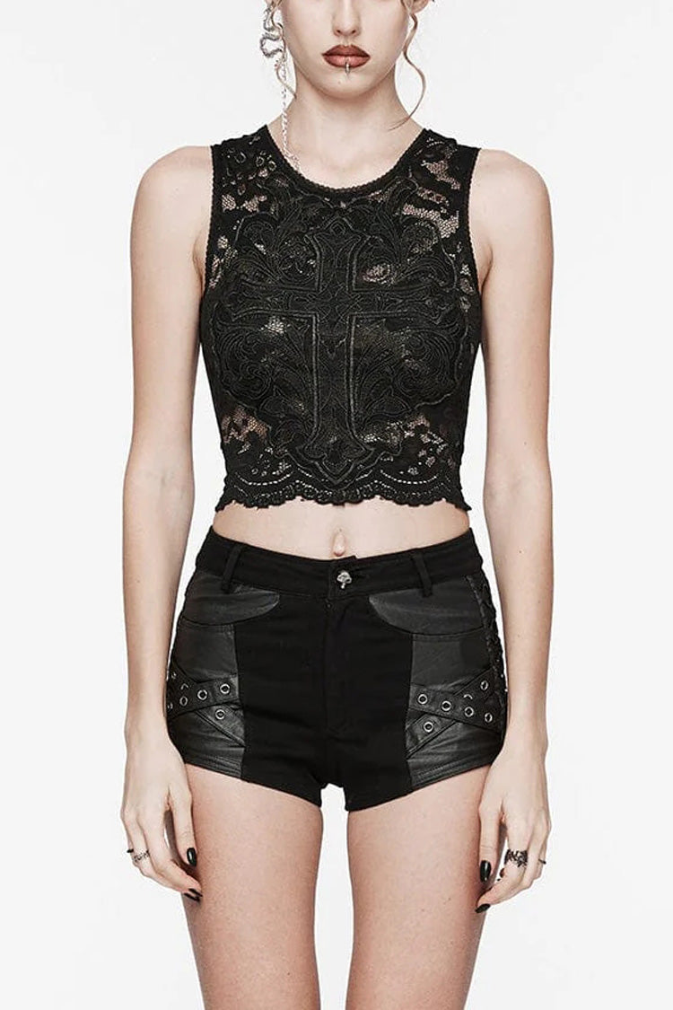Black Sleeveless Hollow Cross Embroidery Lace Womens Gothic Vest - Black - 1