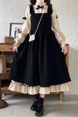 Black/Apricot Japanese Long Puff Sleeves Ruffle Bowknot Sweet Lolita Dress 2 Colors - Product - 8