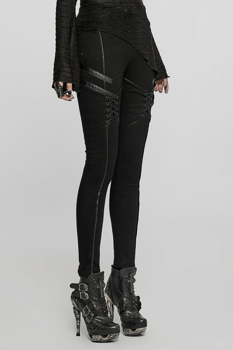 Black Faux Leather Stitching Lace-Up Slim Skinny Women's Punk Jeans Pants - Product - 2