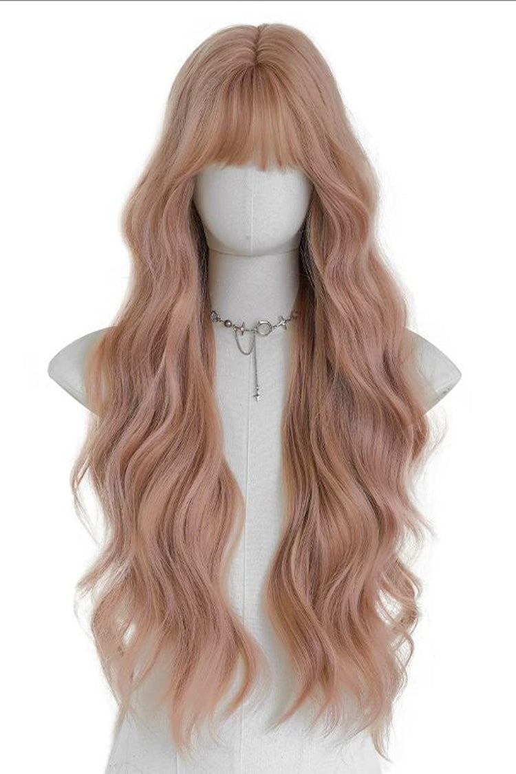 Soft Korean Natural Fluffy Air Bangs Romantic Long Wavy Daily Sweet Lolita Wig 2 Colors - Grapefruit-Gold - 2