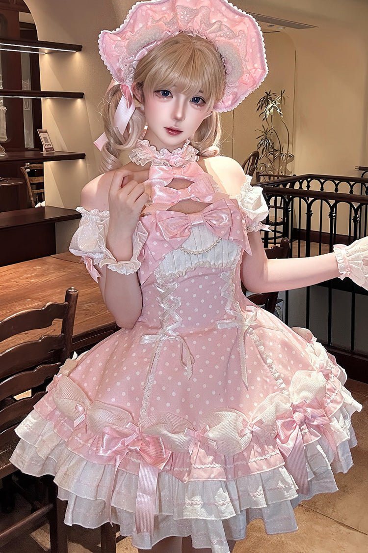 Pink Halterneck Short Sleeves Triple-Layered Polka Dot Printed Bow Lace-Up Sweet Lolita Dress - Product - 8