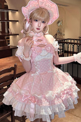 Pink Halterneck Short Sleeves Triple-Layered Polka Dot Printed Bow Lace-Up Sweet Lolita Dress - Product - 8