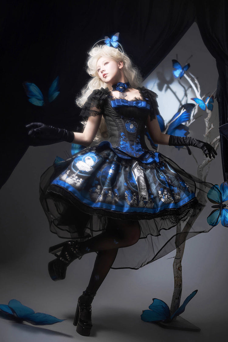 Blue [Dark Moon Corridor] Print Embroidery Gothic Lolita Dress Skirt - Product - 5